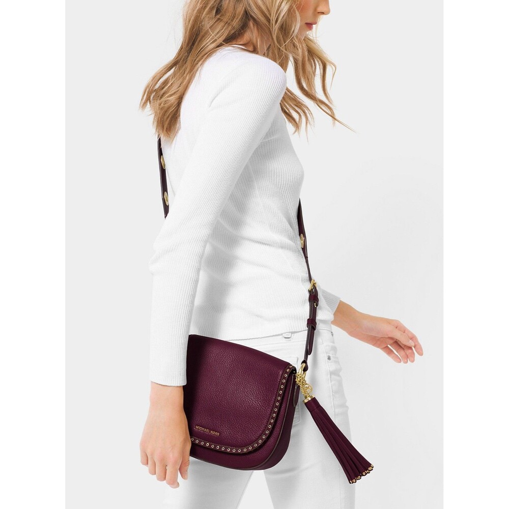 Michael Kors Brooklyn Medium Saddle Crossbody Leather Maroon/Burgandy - Picture 9 of 9